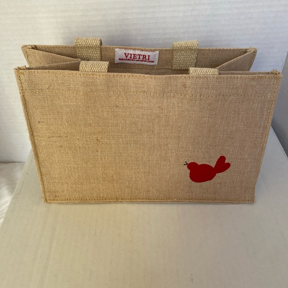 Vietri small jute tote bag w/ small red bird motif in the corner